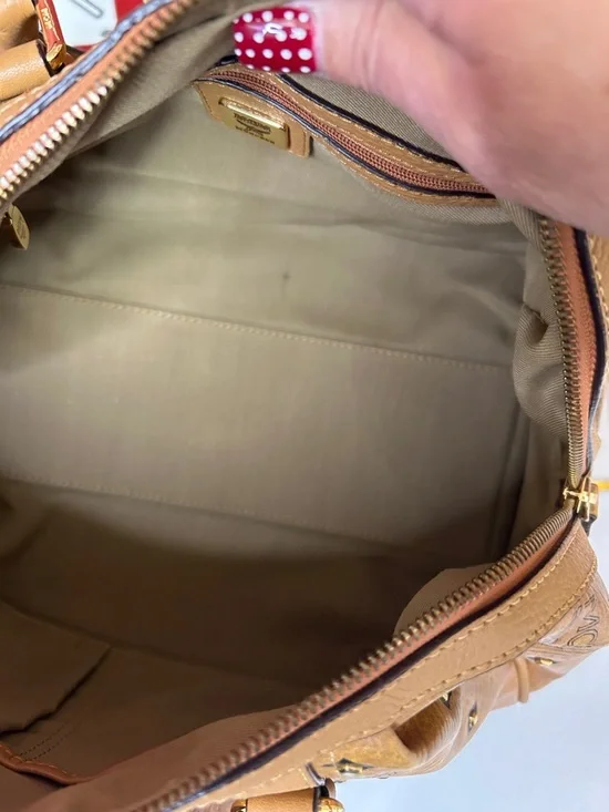 MCM Cognac Logo Visetos Barrel Satchel with Gold Plaque - Picture 6 of 14